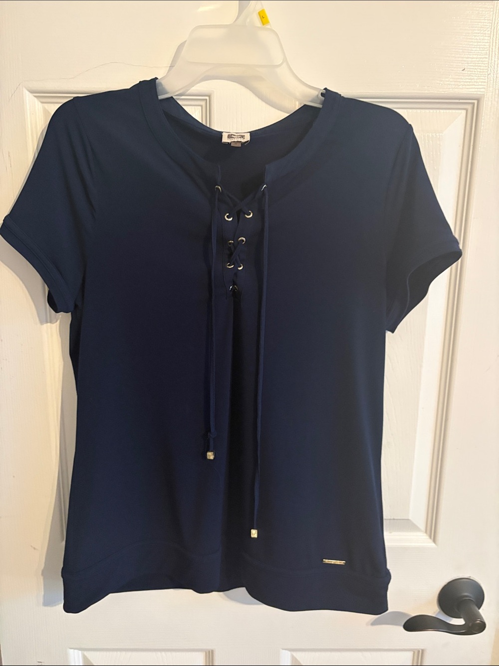Anne Klein Deep Navy Lace-Up Short Sleeve Tee